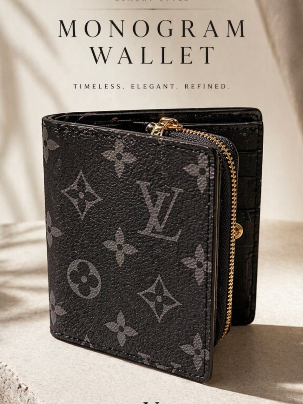 LV Style Black Monogram Wallet Bifold Zip Coin Purse Card Holder